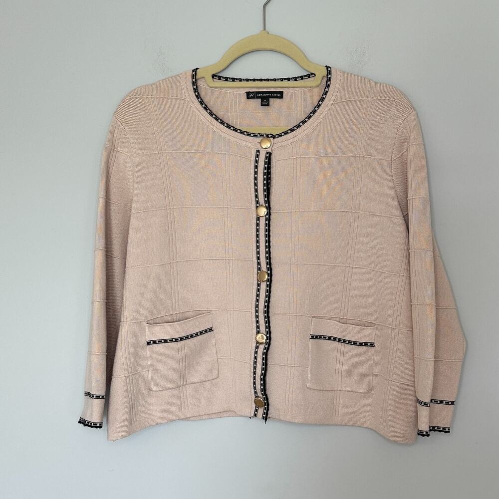 Adrianna Papell Check Tipped Cardigan Womens Medium Button Front Tan Old Money